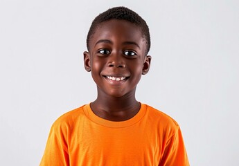 of a happy black boy wearing an orange t-shirt - obrazy, fototapety, plakaty