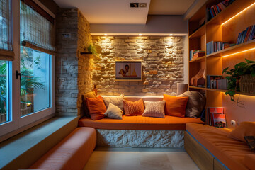A cozy living room with a brick wall and a window