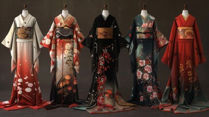 Array of Womens Kimonos in Various Colors - obrazy, fototapety, plakaty