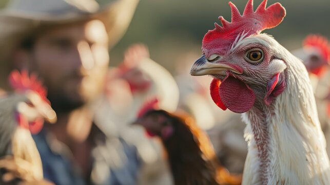 Close up view of white feather broiler chicken rooster inside modern chicken farm cage.
