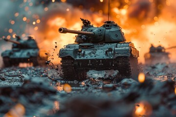 A closeup view of a tank attack in a computer simulation, showing the tanks advancing and firing 8K , high-resolution, ultra HD,up32K HD