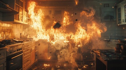 A fire raging in the kitchen, the burning room filled with smoke, depicting a scene of trouble and emergency 8K , high-resolution, ultra HD,up32K HD