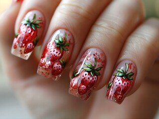 a captivating close-up photo showcasing a nail design featuring glossy, strawberry-themed art on short, rounded nails, are clear and vivid, with vibrant colors and glossy finish