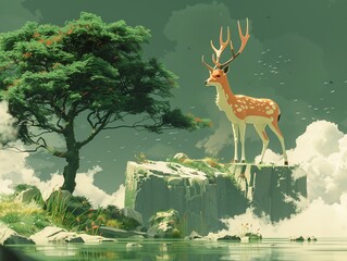 A whimsical art piece featuring a lone deer in a fantastic landscape, filled with dreamlike imagery and fantasy elements