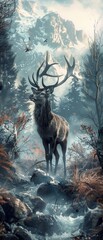 An artistic interpretation of a lone deer in a fantastic landscape, imbued with dreamlike qualities and fantasy elements 8K , high-resolution, ultra HD,up32K HD