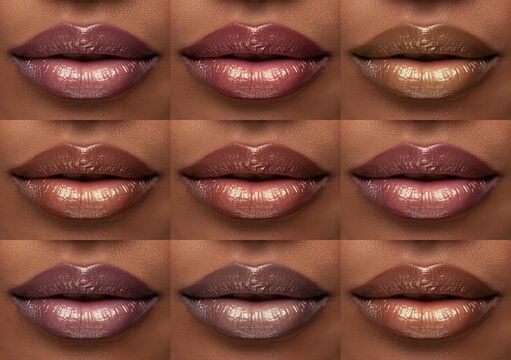 Close-up set or collage of women's lips with different nude shades of lipstick