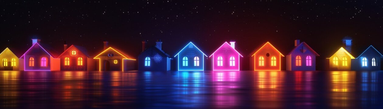 Small houses standing alone against a black background, adorned with neon light patterns in a layered style, creating a unique overlay 8K , high-resolution, ultra HD,up32K HD