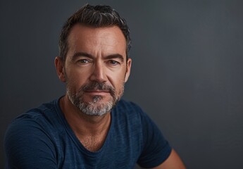 photo of a handsome middle age man with short hair and beard wearing a dark blue shirt