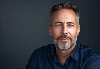 Obraz premium photo of a handsome middle age man with short hair and beard wearing a dark blue shirt