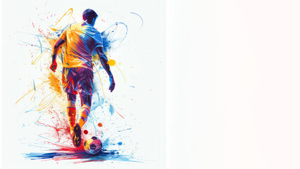 Colorful watercolor painting of soccer man player in action view from back