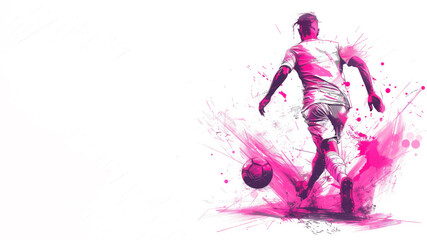 Pink watercolor painting of soccer man player in action view from back