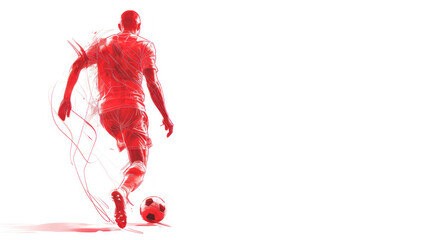 Red watercolor painting of soccer man player in action view from back
