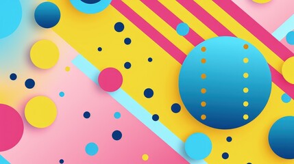 background with colorful geometric stripes and dots in pink, yellow, and blue colors