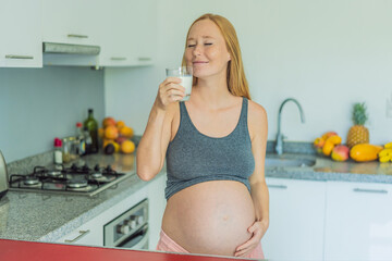 Weighing the pros and cons of milk during pregnancy, a thoughtful pregnant woman stands in the kitchen with a glass, contemplating the decision to include or avoid milk for her and her baby's well