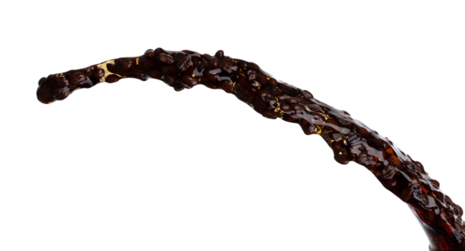 Coffee drink water mix bean seed fall pouring down form line of espresso black coffee splashes drop roasted coffee bean attack fluttering in air, stop motion freeze. Splash water drink seed texture