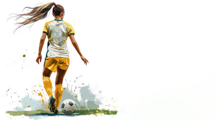 Yellow watercolor painting of soccer woman player and ball view from back
