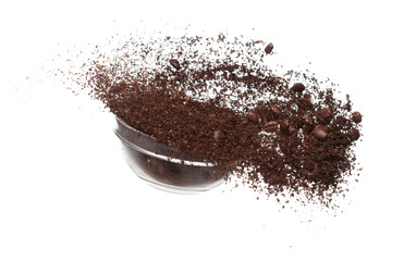 Coffee powder mix bean fall down pour in glass bowl, Coffee crushed mix seed float explode,...