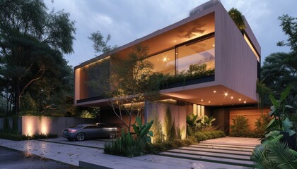 Obraz premium Modern house exterior with cool lighting.