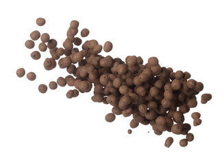 Clay Drainage big size ball pour fall down, explosion in air. Clay Drainage ball splash in shape form line explosion. White background isolated high speed shutter freeze motion