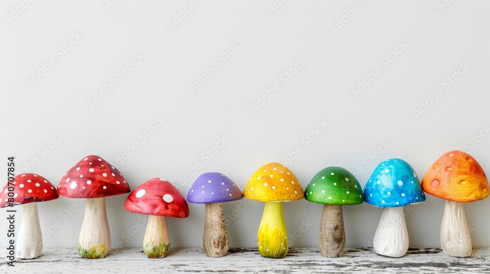 Poster blank mockup of a row of colorful toadstools perfect for adding a whimsical and fantastical touch to