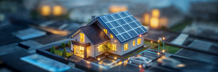 wide banner design of a infographic diagram for battery packs alternative electric clean energy storage system at smart home with solar panels roof as backup or sustainable energy concepts