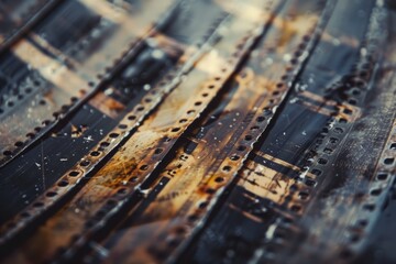 Macro shot of old film strips with vintage grainy appearance. Classic and nostalgic filmic aesthetic