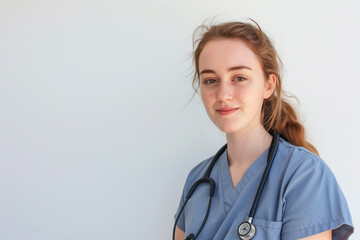 Young female nursing student staying in the plain background