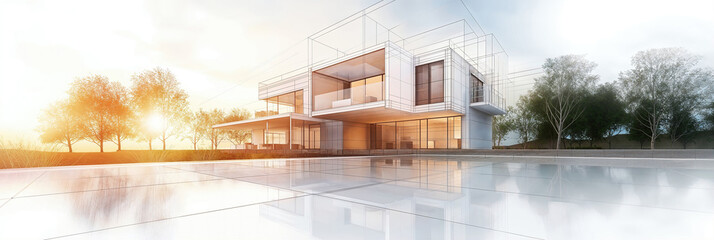 Home architecture exterior project building or renovation refurbishment and restoration contractor service, mixed realistic and structural drawing wireframe line as wide banner