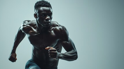 Powerful sprinter in motion, showcasing speed and strength in moody, dramatic lighting, ideal for themes of athletic prowess and competition. Copy space.