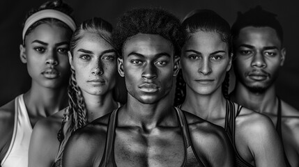 Powerful black and white portrait of five diverse athletes symbolizing teamwork and diversity in competitive sports, Olympic spirit.