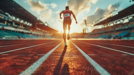 Vibrant sprinter racing on red track in stadium during golden hour, embodying Olympic spirit and competitive zeal, sunset backdrop enhances dynamic energy. Copy space.