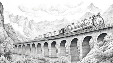 Obraz premium Classic Bridge Sketch with Train 🚂 Vintage Train on Classic Bridge Illustration ✏️ Nostalgic Transportation Scene