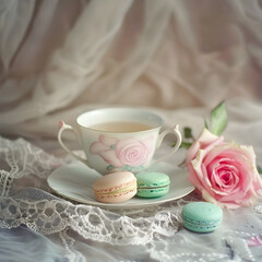 A cup of tea with three macarons and a rose on a lace tablecloth. The tea and macarons are arranged in a way that creates a sense of elegance and sophistication. The rose adds a touch of romance