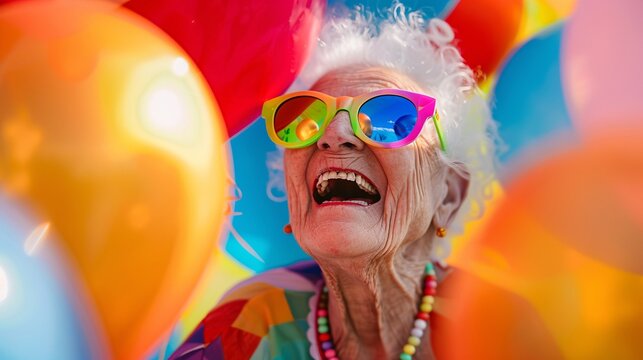 Naklejki a happy old woman in colorful sunglasses surrounded by balloons