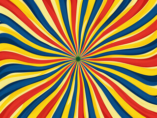 Arrière-plan inspiré des 70s, lignes axiales avec effet de mouvement, alternance de lignes colorées abstraites jaune, rouge et bleue avec point central, fleur stylisée - obrazy, fototapety, plakaty