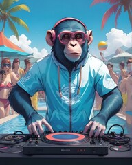a monkey dj standing at a mixing desk on a beach