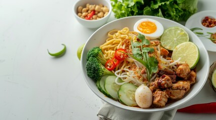 Indonesia chicken noodle with chilies and vegetable copy space background