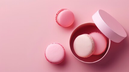 Fototapeta premium Mini macaroon on paper box gift package copy space isolated pink background
