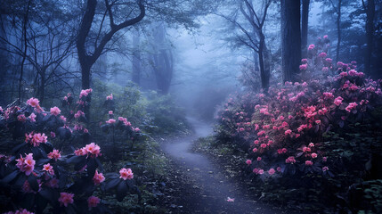 Surreal forest with glowing flowers and a misty path