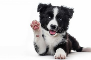 charming border collie puppy with funny expression waving paw isolated on white