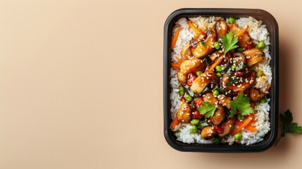 Box lunch rice, oyster sauce, mushroom and sesame copy space flatlay