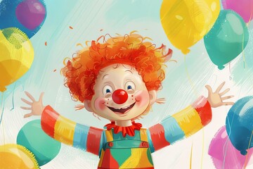 charming boy clown amusing indoors with playful antics digital illustration - obrazy, fototapety, plakaty