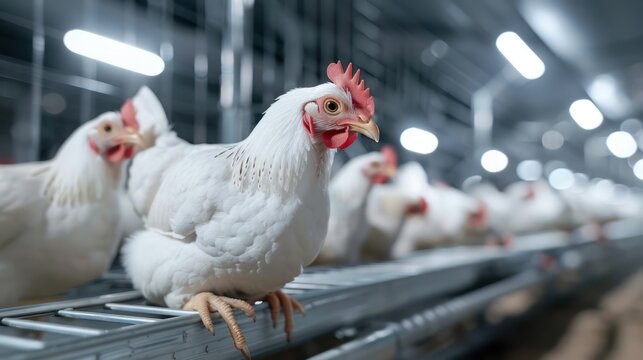 Modern and clean white feather broiler chicken cage, laying hen farming industry.
