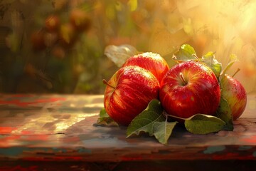 closeup of fresh red apples on rustic table at sunset organic fruit and juice concept digital painting