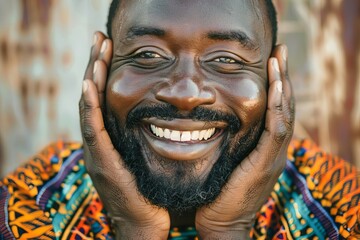 closeup portrait of laughing african man with hands on face positive emotion expression
