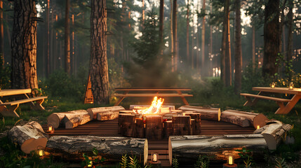 A wood burning fire pit surrounded by logs and benches in a forest. The fire is lit and the logs...