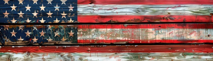 Weathered American flag painted on a wooden texture