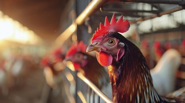Close up view of red feather broiler rooster chicken inside modern chicken farm cage.