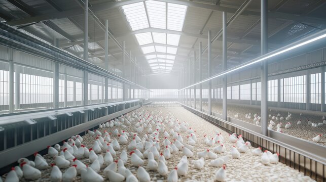 Modern and clean white feather broiler chicken cage, laying hen farming industry.