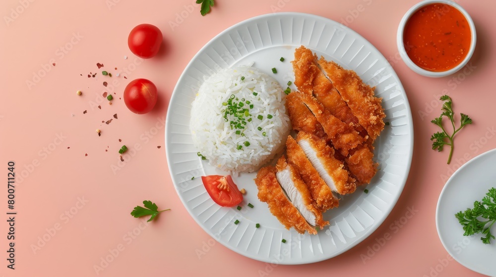 Wall mural Flat lay chicken fried katsu with rice and sauce copy space background